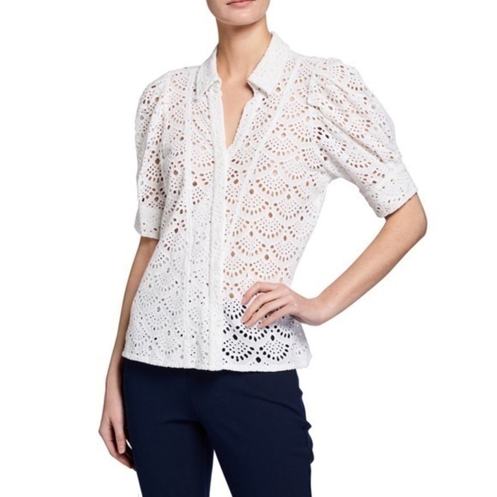 Tanya Taylor Angel Puff Sleeves Embroidered Eyelet Lace White Top Blouse